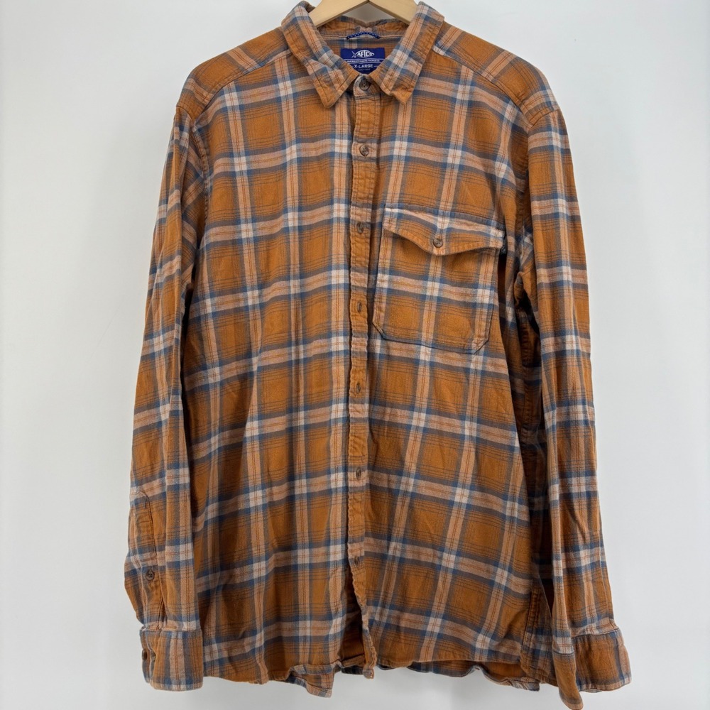 AFTCO Mens Button Up Shirt XL Orange Plaid Flannel Stretch Long Sleeve Coastal - Picture 8 of 9